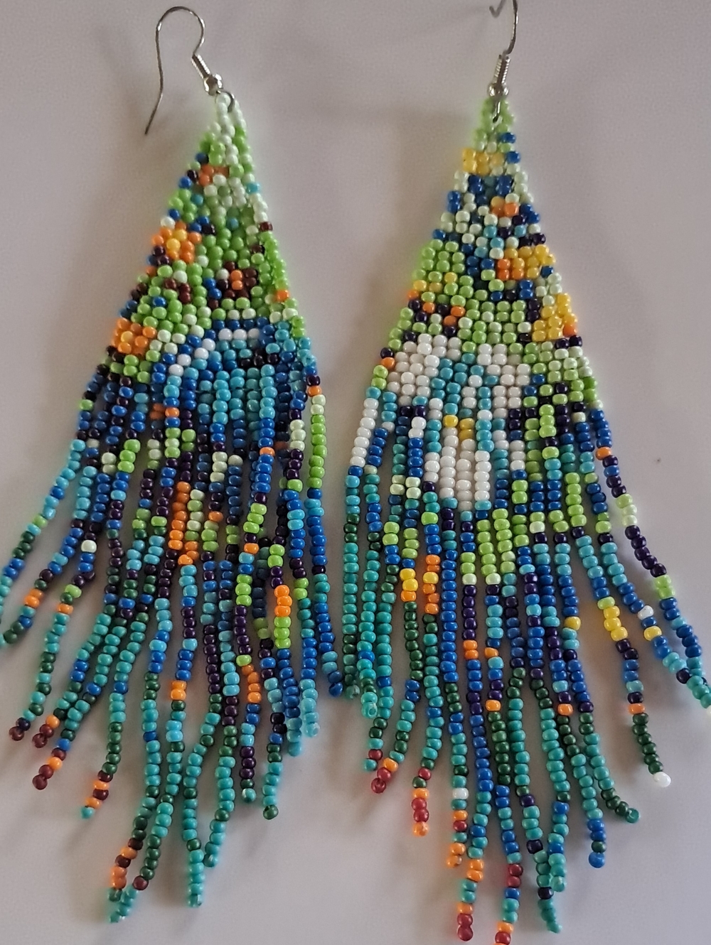Colorful Seed Bead Fringe Earrings - Blue & Green